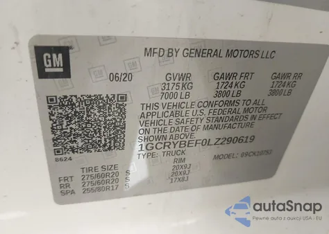 2020 Chevrolet Silverado 1500 4Wd Double Cab Standard Bed Custom z USA, uszkodzony, nr VIN 1GCRYBEF0LZ290619